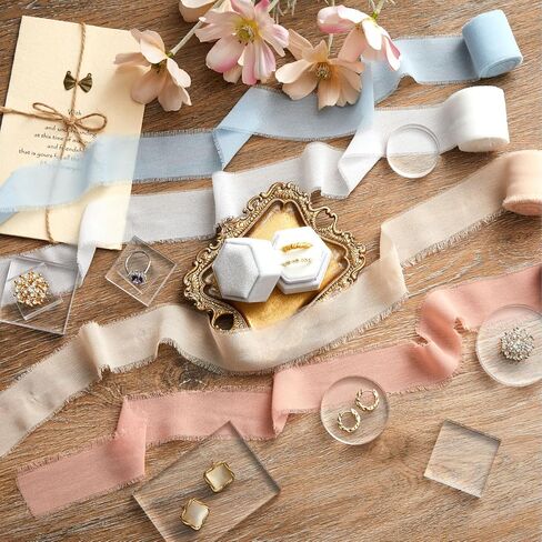 20 Pcs Flat Lay Props Set Include 1 Jewelry Tray Vintage Decor 9 Acrylic Display Block 9 Wedding Chiffon Silk Ribbon with Velvet Jewelry Ring Box for Bridal Party Wedding Photographer Props in Saudi Arabia