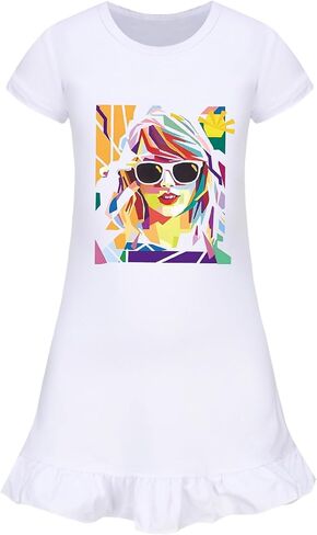 Girl Ruffle Home Dress – Kid Country Music Concert Outfit Pop Art Head Graphic Casual Wear Short Sleeve Fan Clothes in Saudi Arabia