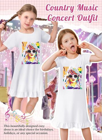 Girl Ruffle Home Dress – Kid Country Music Concert Outfit Pop Art Head Graphic Casual Wear Short Sleeve Fan Clothes in Saudi Arabia