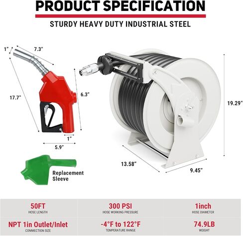 Retractable Fuel Hose Reel, 3/4" x 33FT Diesel Hose with Fueling Nozzle, 300 PSI Auto Rewind Swivel Reel for Fuel Tank, Truck, Trailer, Farm and Marine Equipment, Silver in Saudi Arabia