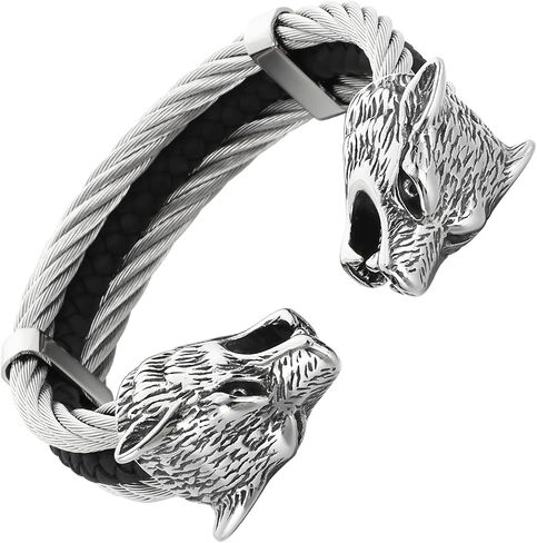 Men's Viking Wolf Head Bracelet 316 Stainless Steel Leather Open Cuff Tribal Retro Wolf Twisted Cable Cuff Bangle Vintage Gothic in Saudi Arabia