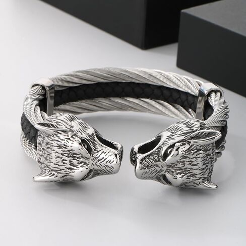 Men's Viking Wolf Head Bracelet 316 Stainless Steel Leather Open Cuff Tribal Retro Wolf Twisted Cable Cuff Bangle Vintage Gothic in Saudi Arabia