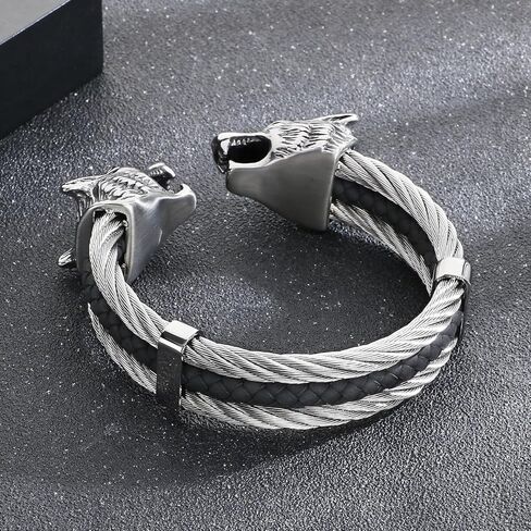 Men's Viking Wolf Head Bracelet 316 Stainless Steel Leather Open Cuff Tribal Retro Wolf Twisted Cable Cuff Bangle Vintage Gothic in Saudi Arabia
