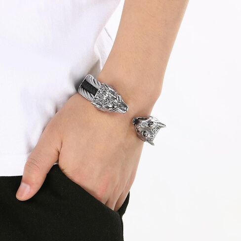 Men's Viking Wolf Head Bracelet 316 Stainless Steel Leather Open Cuff Tribal Retro Wolf Twisted Cable Cuff Bangle Vintage Gothic in Saudi Arabia