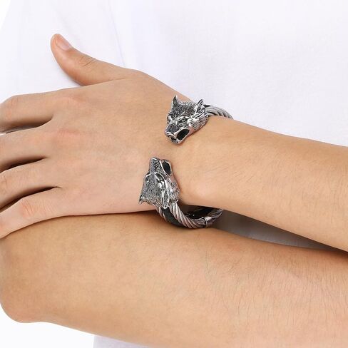 Men's Viking Wolf Head Bracelet 316 Stainless Steel Leather Open Cuff Tribal Retro Wolf Twisted Cable Cuff Bangle Vintage Gothic in Saudi Arabia