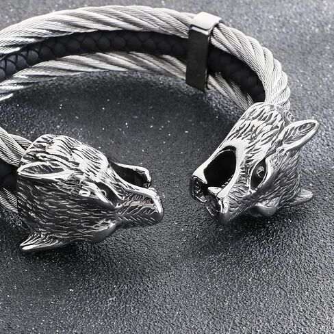 Men's Viking Wolf Head Bracelet 316 Stainless Steel Leather Open Cuff Tribal Retro Wolf Twisted Cable Cuff Bangle Vintage Gothic in Saudi Arabia