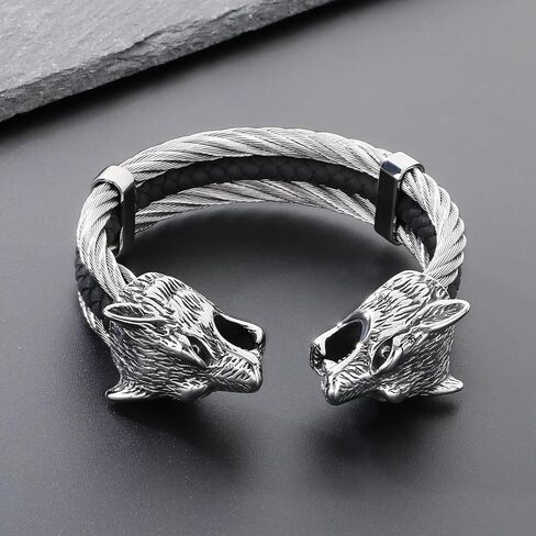 Men's Viking Wolf Head Bracelet 316 Stainless Steel Leather Open Cuff Tribal Retro Wolf Twisted Cable Cuff Bangle Vintage Gothic in Saudi Arabia