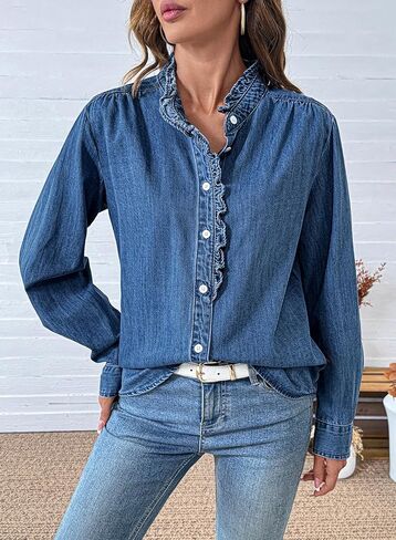 Sidefeel Womens Denim Shirt Button Down Long Sleeve Ruffled Edge Jean Blouses Tops in Saudi Arabia