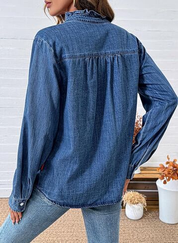 Sidefeel Womens Denim Shirt Button Down Long Sleeve Ruffled Edge Jean Blouses Tops in Saudi Arabia