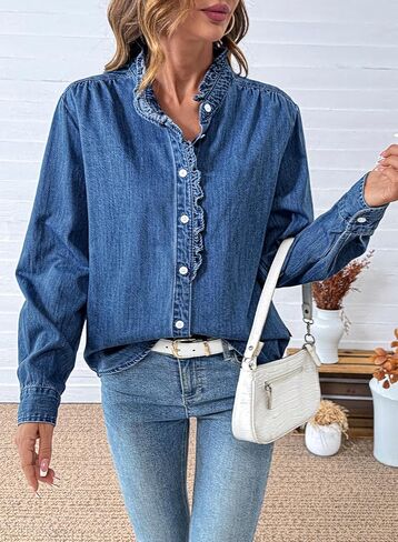 Sidefeel Womens Denim Shirt Button Down Long Sleeve Ruffled Edge Jean Blouses Tops in Saudi Arabia