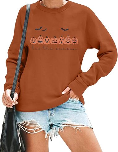 Women's Halloween Pumpkin Face Long Sleeve Spooky Sweatshirts Lightweight Casual Pullover Tops in Saudi Arabia