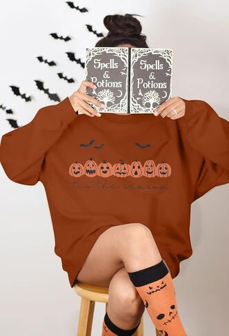 Women's Halloween Pumpkin Face Long Sleeve Spooky Sweatshirts Lightweight Casual Pullover Tops in Saudi Arabia