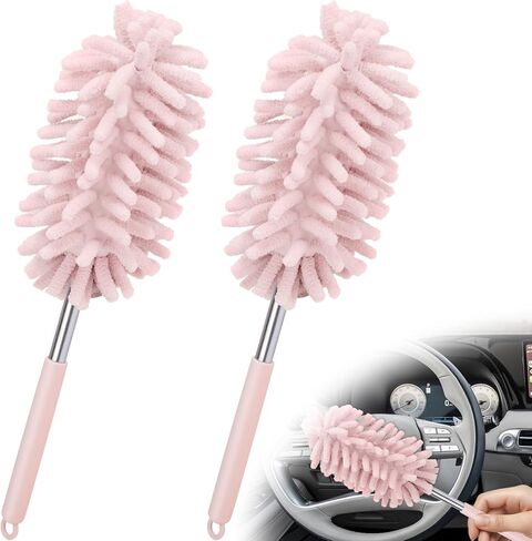 2 PCS Car Interior Duster with Extension Pole, Microfiber Car Duster with Bendable Head, Cars Dusters Exterior&Interior Scratch Free, for Cleaning of Vehicle Details, Offices, Windows(Pink) in Kuwait
