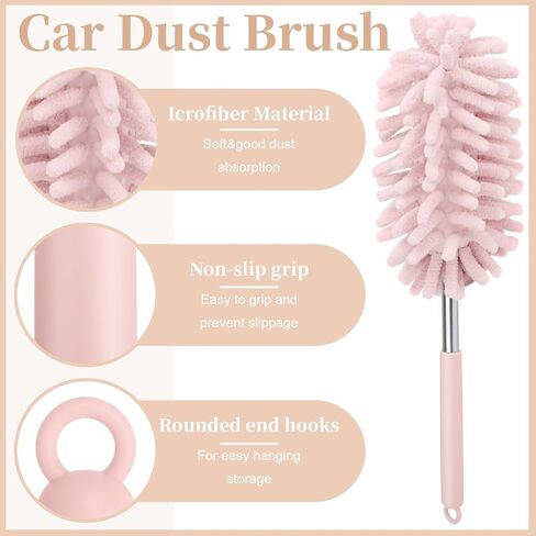 2 PCS Car Interior Duster with Extension Pole, Microfiber Car Duster with Bendable Head, Cars Dusters Exterior&Interior Scratch Free, for Cleaning of Vehicle Details, Offices, Windows(Pink) in Kuwait