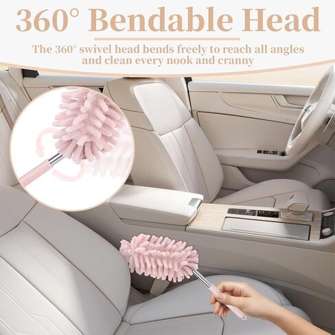 2 PCS Car Interior Duster with Extension Pole, Microfiber Car Duster with Bendable Head, Cars Dusters Exterior&Interior Scratch Free, for Cleaning of Vehicle Details, Offices, Windows(Pink) in Kuwait