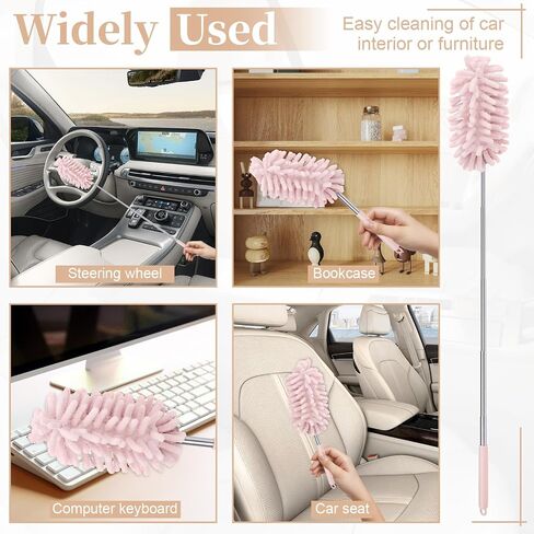 2 PCS Car Interior Duster with Extension Pole, Microfiber Car Duster with Bendable Head, Cars Dusters Exterior&Interior Scratch Free, for Cleaning of Vehicle Details, Offices, Windows(Pink) in Kuwait