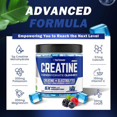 Creatine Monohydrate Gummies for Men & Women, 5g Flavored Creatine Gummy with Electrolytes for Muscle Strength, Muscle Builder, Energy Booster, Pre Workout Supplement, Sugar-Free & Vegan, 120 Count in Saudi Arabia