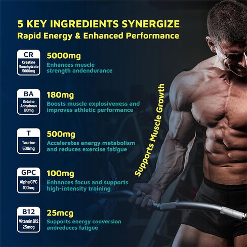 Creatine Monohydrate Gummies 5800mg with Betaine & Alpha GPC | 0 Sugar | Pre Workout Energy Booster for Men & Women | Muscle Growth & Boost Strength & Faster Recovery | (120, Blueberry) in Saudi Arabia