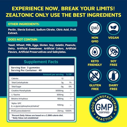 Creatine Monohydrate Gummies 5800mg with Betaine & Alpha GPC | 0 Sugar | Pre Workout Energy Booster for Men & Women | Muscle Growth & Boost Strength & Faster Recovery | (120, Blueberry) in Saudi Arabia