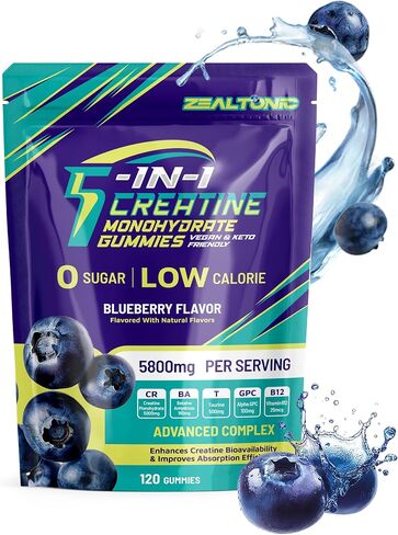Creatine Monohydrate Gummies 5800mg with Betaine & Alpha GPC | 0 Sugar | Pre Workout Energy Booster for Men & Women | Muscle Growth & Boost Strength & Faster Recovery | (120, Blueberry) in Saudi Arabia