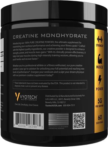 Vyotech Pure Creatine Monohydrate Powder | Aids in Muscle Strength Performance & Recovery | 5g Per Serving | Unflavored | 60 Servings | Gluten-Free Dairy-Free Soy-Free No Sugar or Wheat | Made in USA in Saudi Arabia