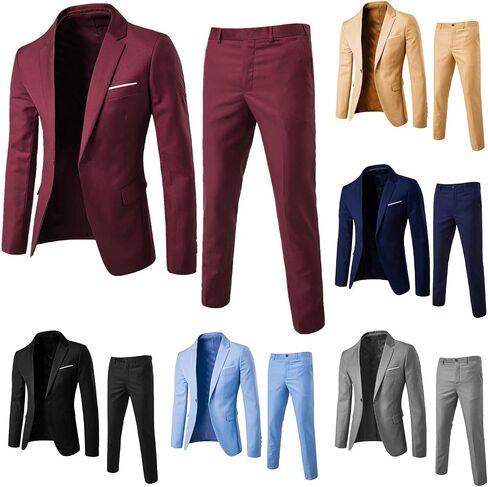 Men Suits 2 Piece Set Slim Fit One Button Slim Fit Solid Jacket & Pants Tuxedo Set Casual Business Wedding Party in Kuwait