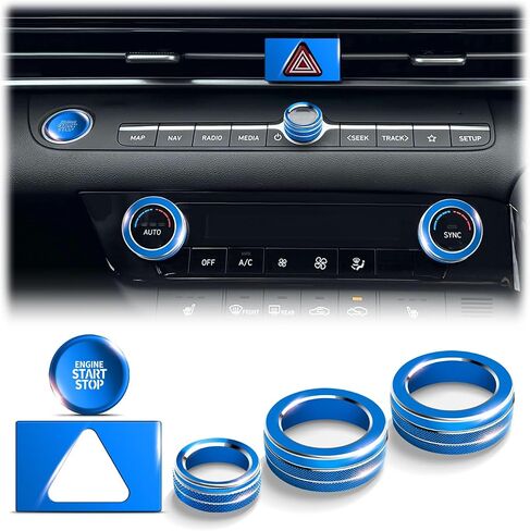 for Hyundai Elantra 2023 2024 2025 Accessories, 5pcs Aluminum Alloy Knob Cover Trim Set - A/C, Volume, Start Button & Hazard Light (Blue) in Kuwait