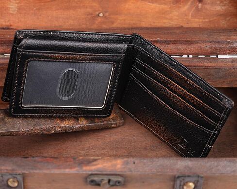 DK86 Wallet للرجال Slim RFID BIFOLD GEALINE LEATHY 2 WINDOW مع صندوق هدية (بني أسود مع العلم) in Kuwait