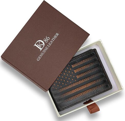 DK86 Wallet للرجال Slim RFID BIFOLD GEALINE LEATHY 2 WINDOW مع صندوق هدية (بني أسود مع العلم) in Kuwait