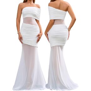 Off Shoulder Bodycon Formal Wedding Guest Maxi Dress Mesh Patchwork Cocktail Dresses for Women 2025 Elegant Classy in Kuwait
