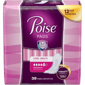 Poise Incontinence Pads, Maximum Absorbency, Long, (Packaging May Vary) 39 Count (Pack of 4) in Kuwait