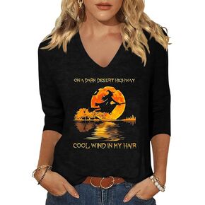 Women's Fall Halloween 3/4 Sleeve V Neck Shirt Vintage Hocus Focus Graphic Tee Funny Family Party Matching Holiday Tops in Saudi Arabia