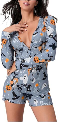 iTranyee Women Bodycon Halloween Pajama Romper Long Sleeve Pumpkin Skull Print One Piece Jumpsuit Shorts Sexy V Neck Onesie in Kuwait