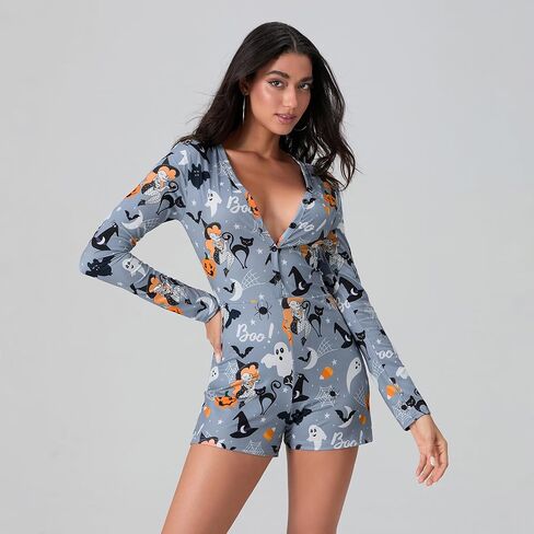 iTranyee Women Bodycon Halloween Pajama Romper Long Sleeve Pumpkin Skull Print One Piece Jumpsuit Shorts Sexy V Neck Onesie in Kuwait