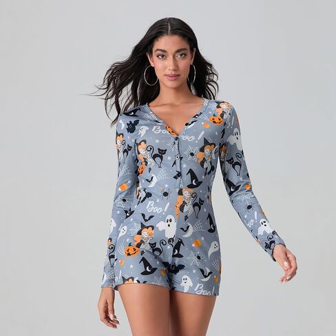 iTranyee Women Bodycon Halloween Pajama Romper Long Sleeve Pumpkin Skull Print One Piece Jumpsuit Shorts Sexy V Neck Onesie in Kuwait