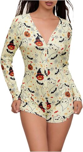 iTranyee Women Bodycon Halloween Pajama Romper Long Sleeve Pumpkin Skull Print One Piece Jumpsuit Shorts Sexy V Neck Onesie in Kuwait