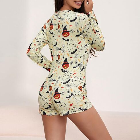 iTranyee Women Bodycon Halloween Pajama Romper Long Sleeve Pumpkin Skull Print One Piece Jumpsuit Shorts Sexy V Neck Onesie in Kuwait