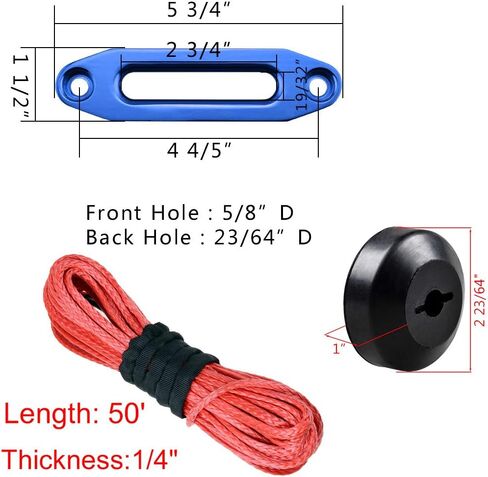 50ft x 1/4 inch Red Strong Durable Synthetic Winch Rope Line 6400LBS with Rubber Stopper and Blue 4 4/5 inch Aluminum Hawse Fairlead for Recovery UTV ATV Truck in Saudi Arabia