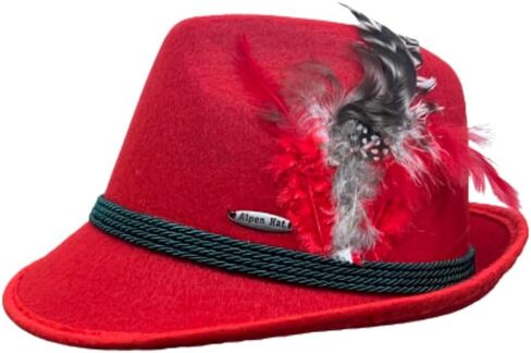 شعرت اللون الأحمر الألماني الأحمر التقليدي فيدورا للرجال والقبعة للنساء المصابات بحجم الريشة | مهرجان أكتوبر هاوس in Kuwait