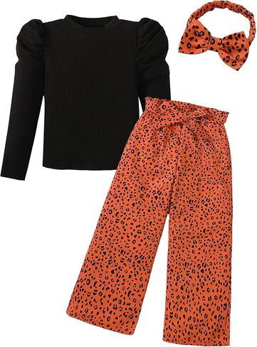 Toddler Girl Clothes Sets: 3 Piece Puff Sleeve Ribbed Top Wide Leg Pants Sets with Headband Fall Outfits 2-8 Years in Kuwait
