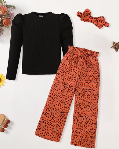 Toddler Girl Clothes Sets: 3 Piece Puff Sleeve Ribbed Top Wide Leg Pants Sets with Headband Fall Outfits 2-8 Years in Kuwait