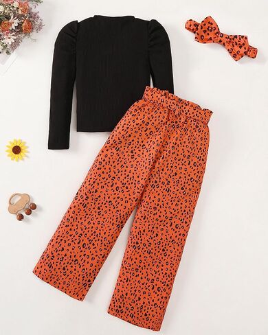 Toddler Girl Clothes Sets: 3 Piece Puff Sleeve Ribbed Top Wide Leg Pants Sets with Headband Fall Outfits 2-8 Years in Kuwait