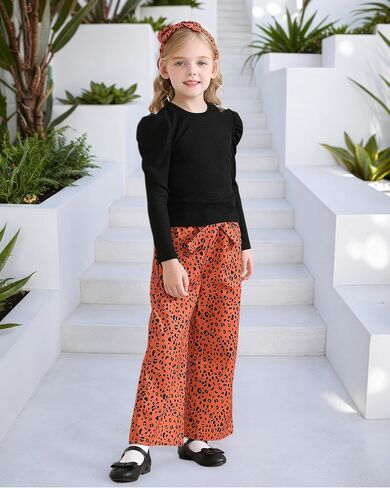 Toddler Girl Clothes Sets: 3 Piece Puff Sleeve Ribbed Top Wide Leg Pants Sets with Headband Fall Outfits 2-8 Years in Kuwait