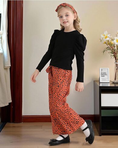 Toddler Girl Clothes Sets: 3 Piece Puff Sleeve Ribbed Top Wide Leg Pants Sets with Headband Fall Outfits 2-8 Years in Kuwait