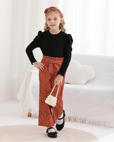 Toddler Girl Clothes Sets: 3 Piece Puff Sleeve Ribbed Top Wide Leg Pants Sets with Headband Fall Outfits 2-8 Years in Kuwait
