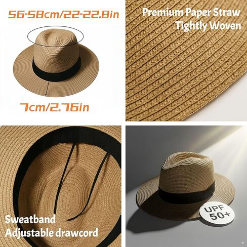 Straw Panama Hat Men Women Fedora Hats Wide Brim Beach Hats UPF50+ in Saudi Arabia