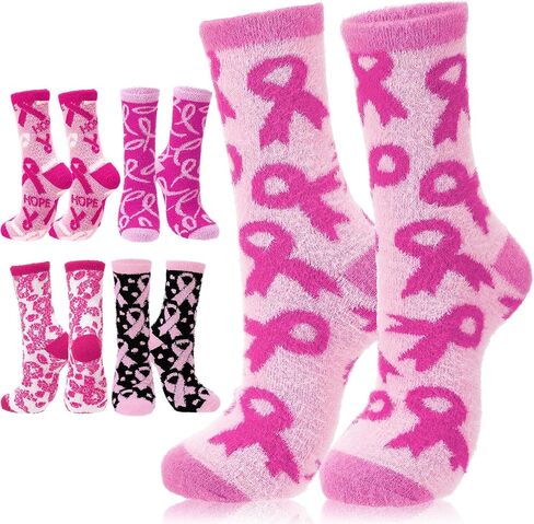 5 Pairs Fuzzy Pink Ribbon Socks Breast Cancer Awareness Gifts Accessories Breast Cancer Cozy Fluffy Warm Socks for Women Home Pink out Day at School Outfits Support Fundraising Event in Saudi Arabia