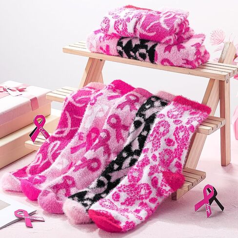 5 Pairs Fuzzy Pink Ribbon Socks Breast Cancer Awareness Gifts Accessories Breast Cancer Cozy Fluffy Warm Socks for Women Home Pink out Day at School Outfits Support Fundraising Event in Saudi Arabia
