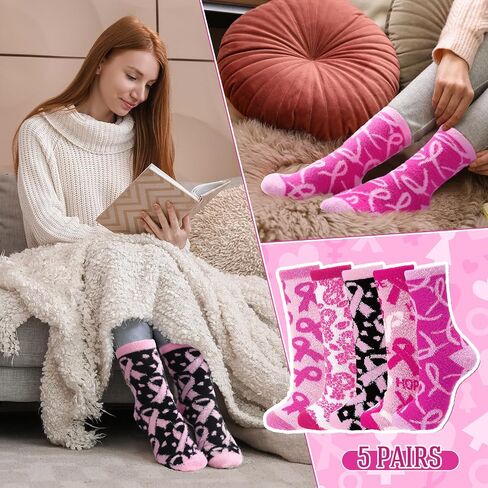 5 Pairs Fuzzy Pink Ribbon Socks Breast Cancer Awareness Gifts Accessories Breast Cancer Cozy Fluffy Warm Socks for Women Home Pink out Day at School Outfits Support Fundraising Event in Saudi Arabia