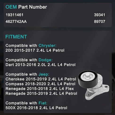 19311461 Belt Tensioner Assembly with Pulley (2.0L 2.4L L4) For Dodge Dart 2013-2016,For Jeep Cherokee Renegade 2015-2019,Compass 2018-2020,For Fiat 500X 2016-2018,For Chrysler 200 4627742AA in Saudi Arabia